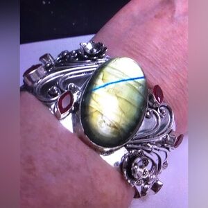 Labradorite Garnet Stamped 925 Sterling Silver Cuff Bracelet